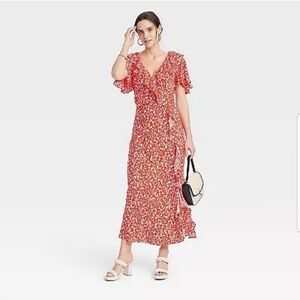 Women's Ruffle Short Sleeve Maxi Dress - A New Day Red Floral XL